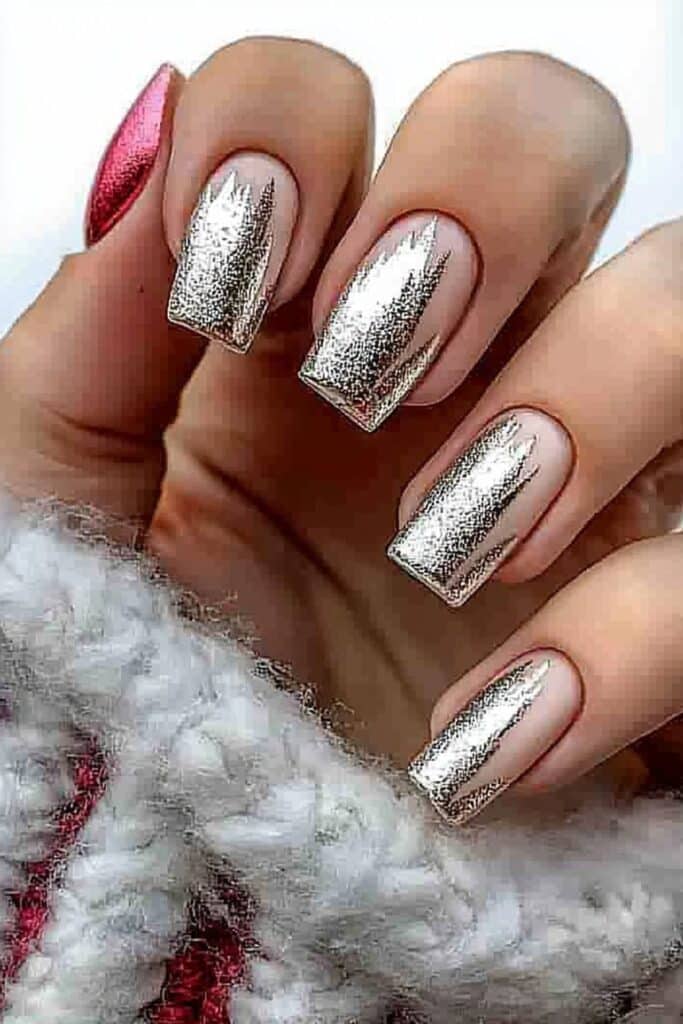 Short neutral winter nails with silver foil details