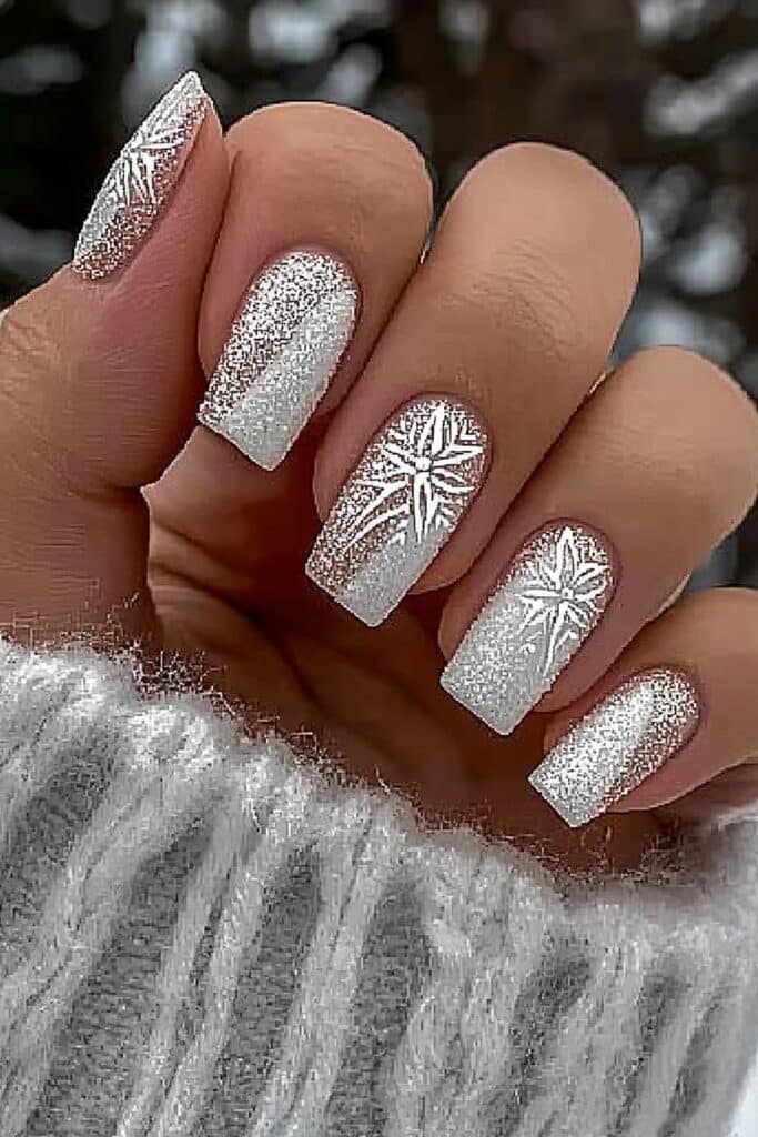 Short neutral winter nails with delicate snowflake sparkles