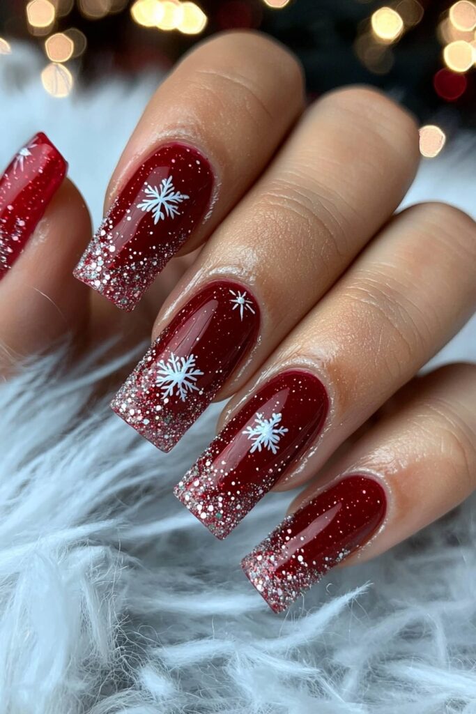 Christmas red acrylic nails with white snowflakes and glitter gradient