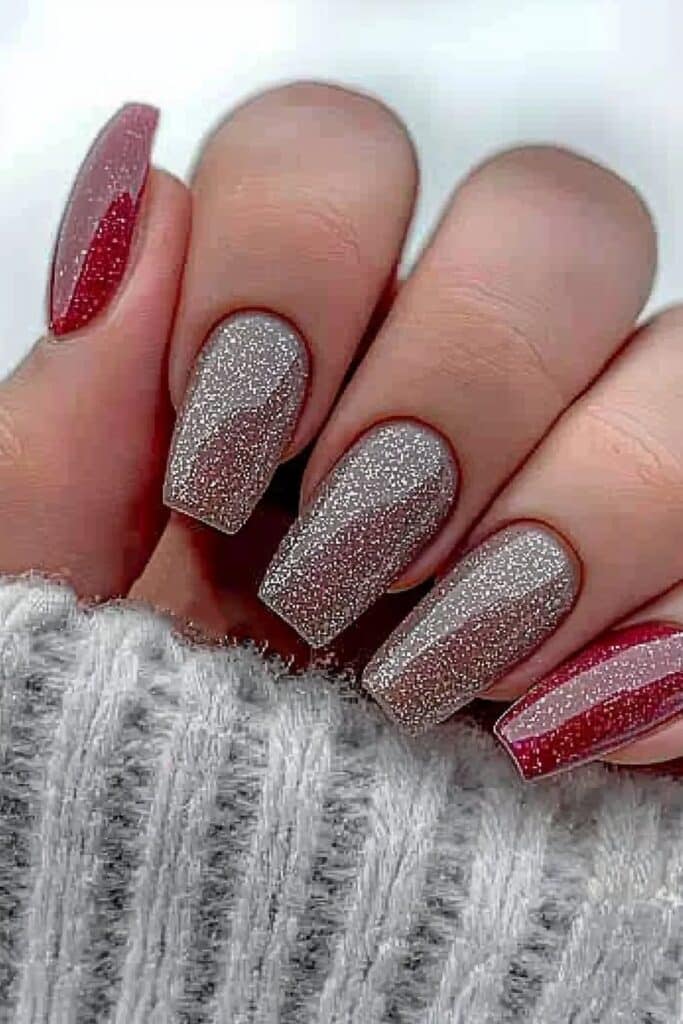 Taupe nails featuring subtle glitter accents.