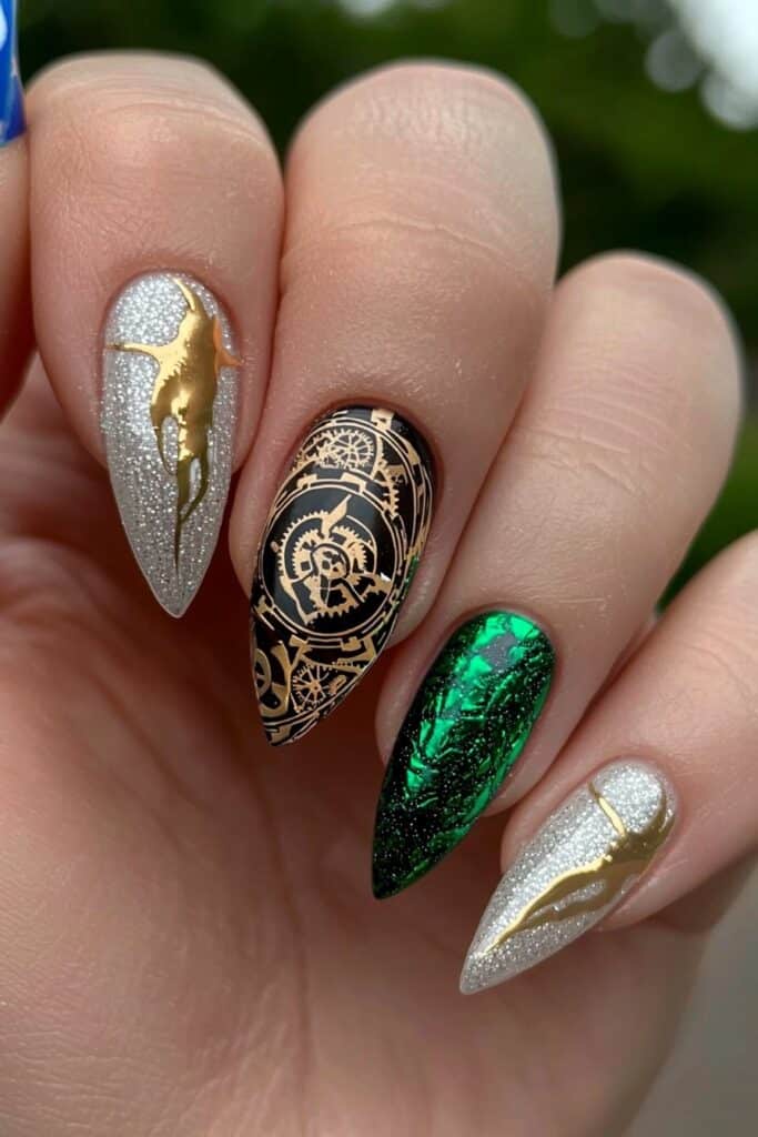 Wicked almond nails featuring steampunk clock, emerald green, and golden accents