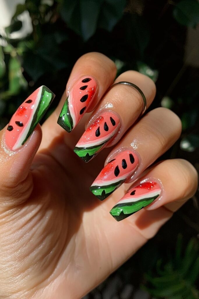 Wicked pink and green watermelon nail art with black seeds