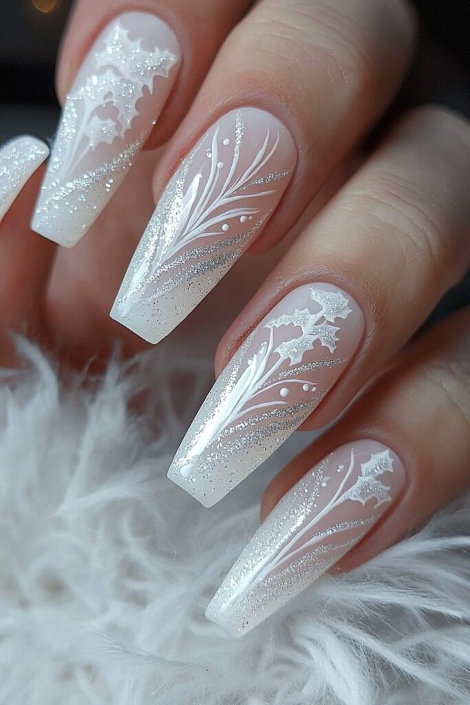 White coffin Christmas nails with glitter and delicate holly designs