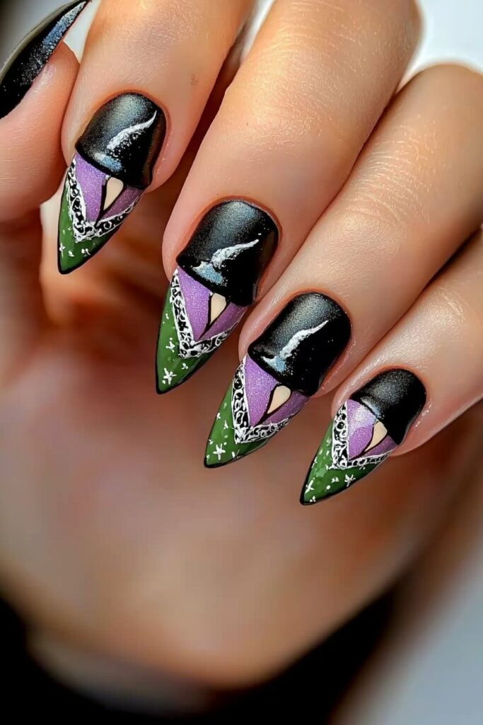 Wicked almond nails featuring detailed witch hat design in black, purple, green