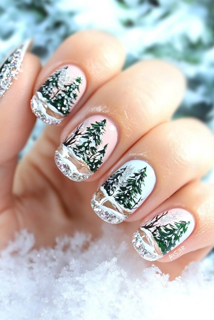 Christmas acrylic almond nails featuring snowy pine trees and glitter