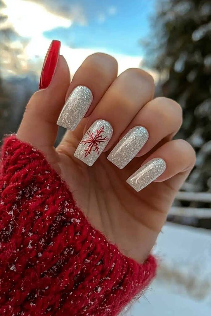 Short neutral winter nails with holographic winter design