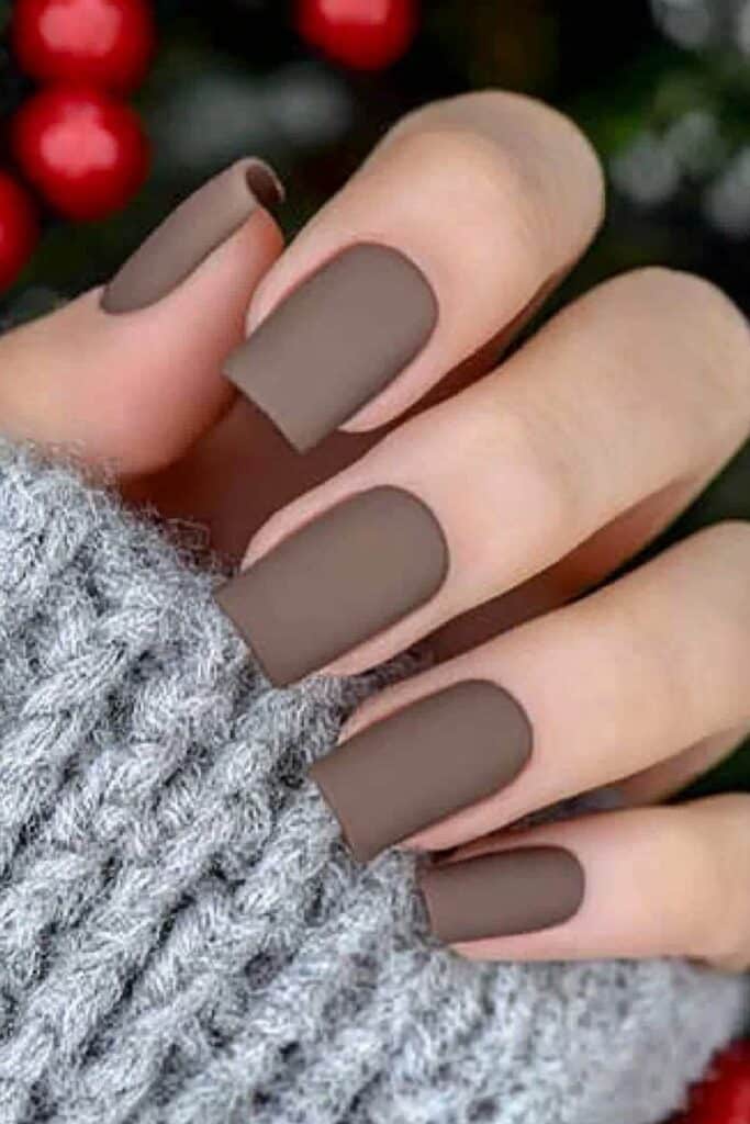 Short neutral winter nails in matte cocoa brown