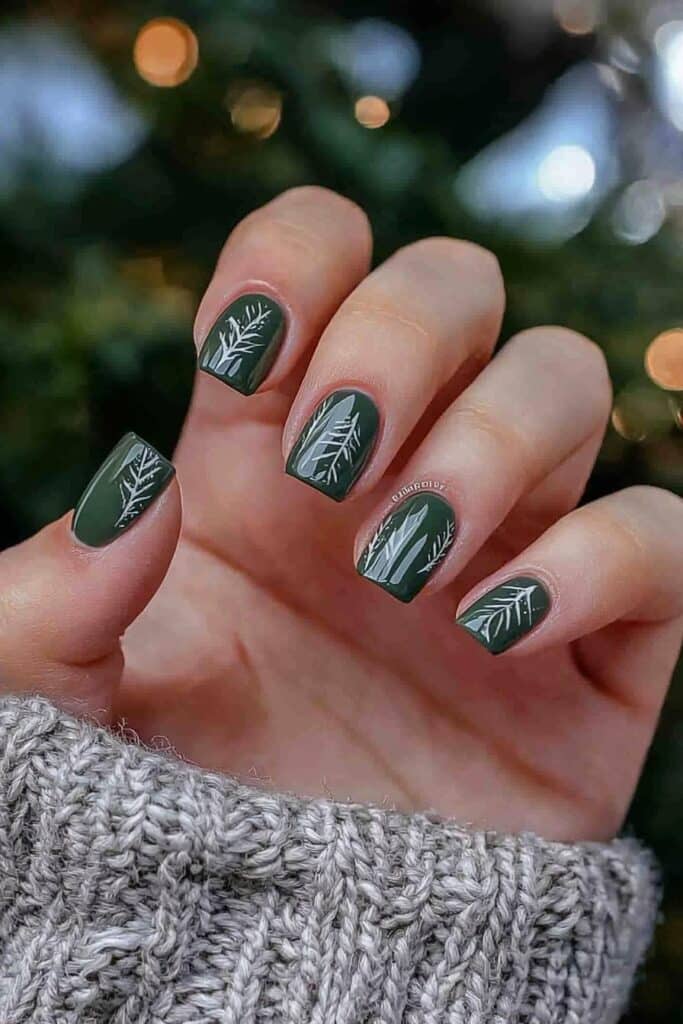 Short neutral winter nails with minimalist evergreen design