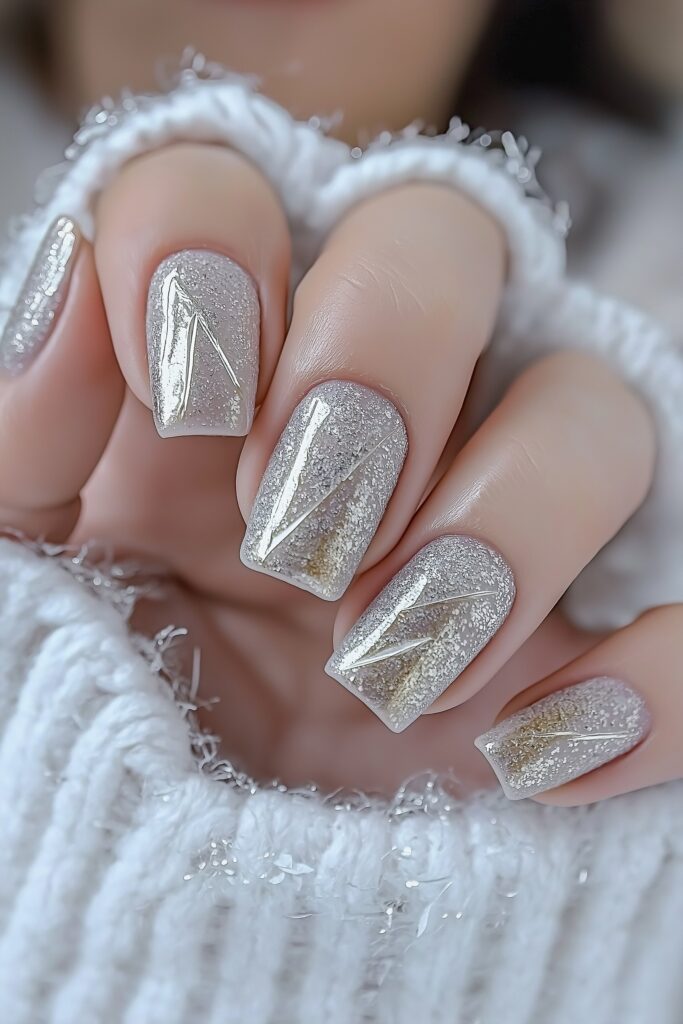 Short neutral winter nails with ice crystal shimmer