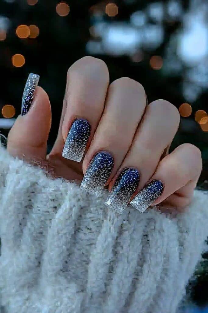 Short neutral winter nails with starry night design