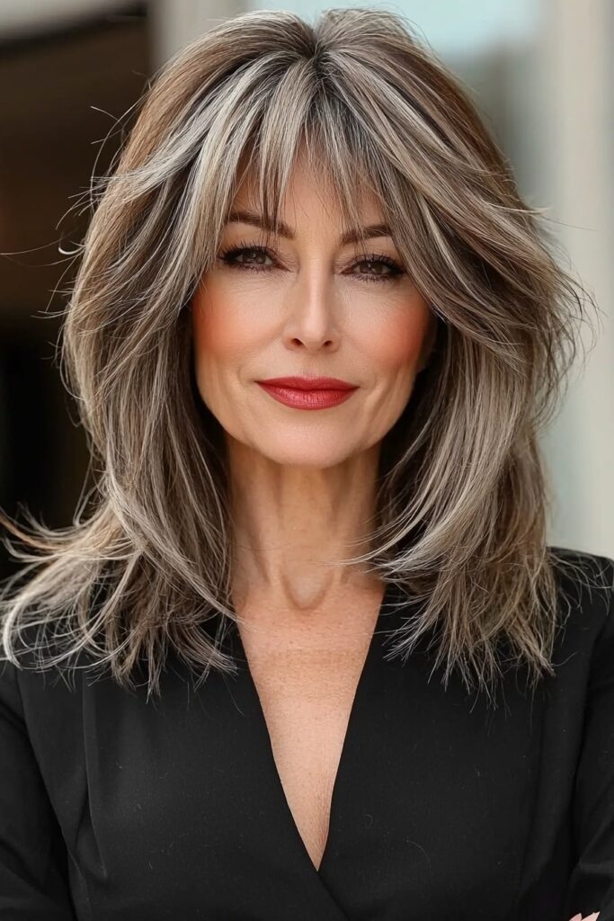 Angled wolf cut straight hair with sharp finishes.