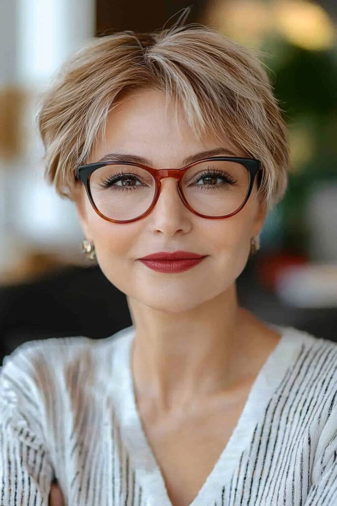 Asymmetrical design adds flair to a choppy pixie cut over 50 with glasses.