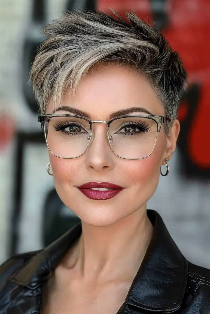 Asymmetrical undercut edgy choppy pixie cut over 50 hairstyle.