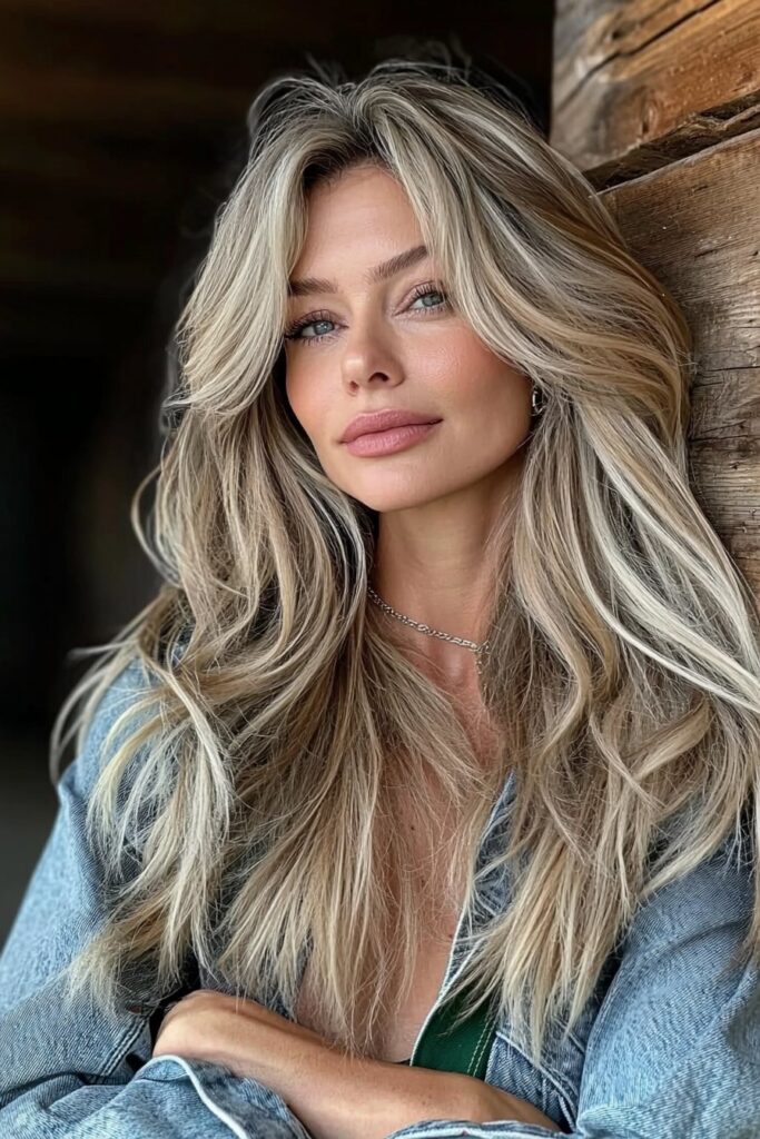 Blonde balayage long hair wolf cut with dimensional color and layers