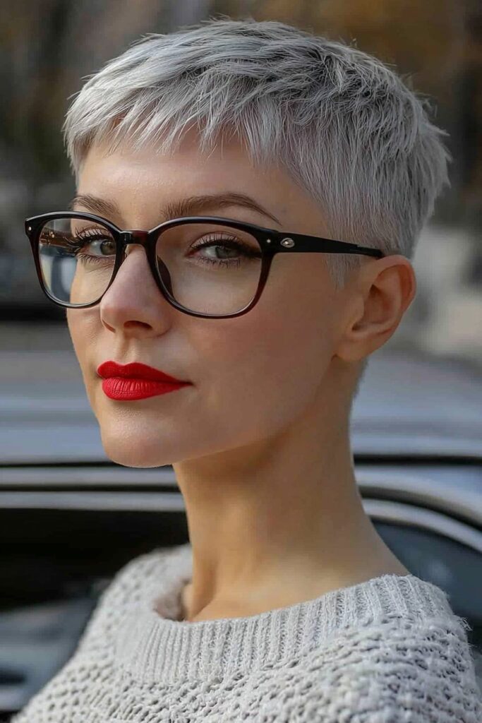 Bold fade transformation with a choppy pixie cut over 50 with glasses.