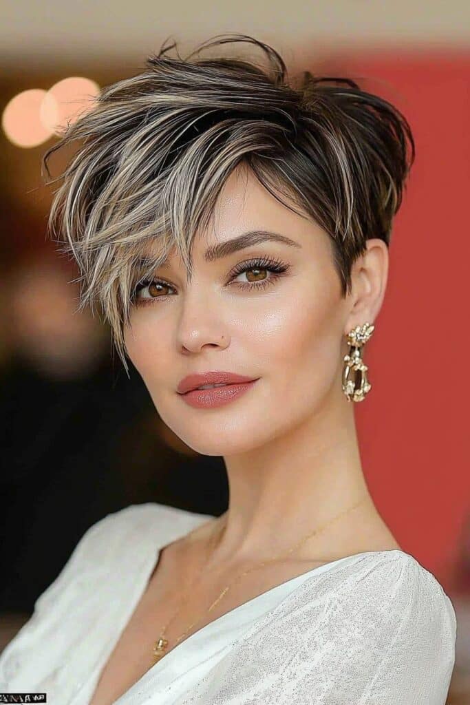 Bold highlights on undercut edgy choppy pixie cut over 50.