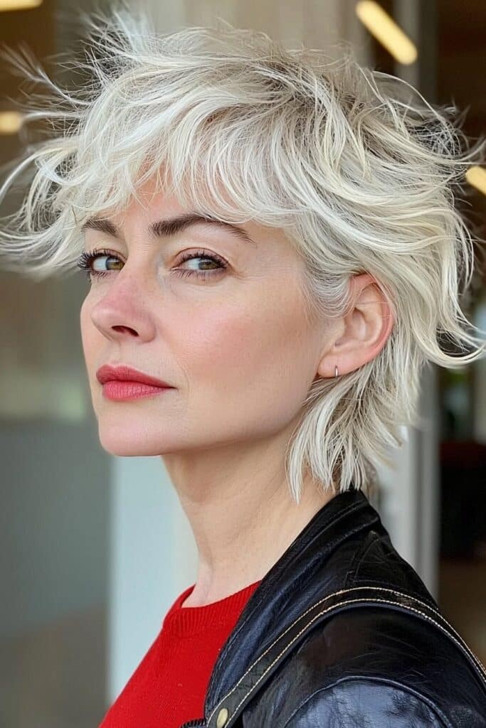 Edgy bright blonde wolf cut for bold and modern style.