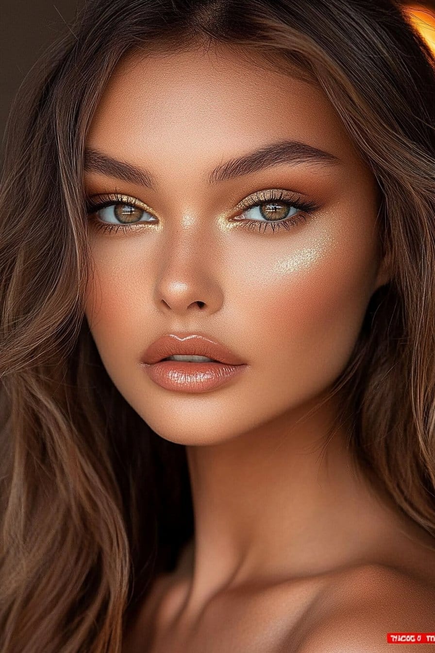 Golden bronzed goddess aesthetic in glowing baddie makeup looks.