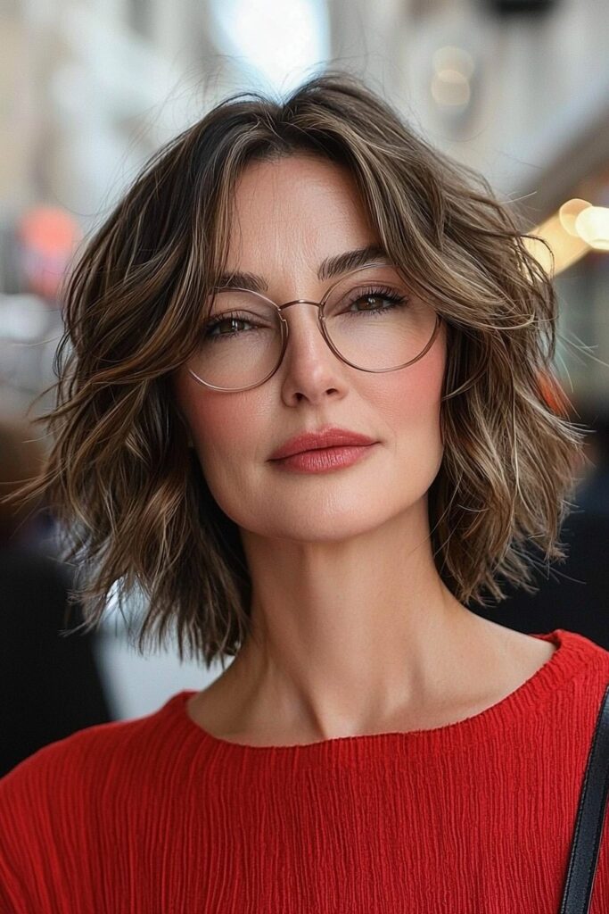 Choppy bob: a playful and youthful short hairstyle for over 50 with glasses