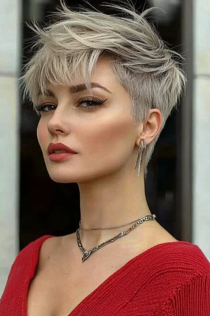 Trendy undercut fade edgy choppy pixie cut over 50.