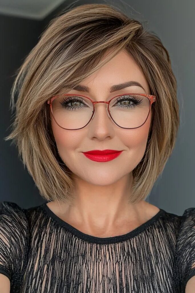 Elegant classic bob with bangs: perfect short hairstyle for over 50 with glasses.