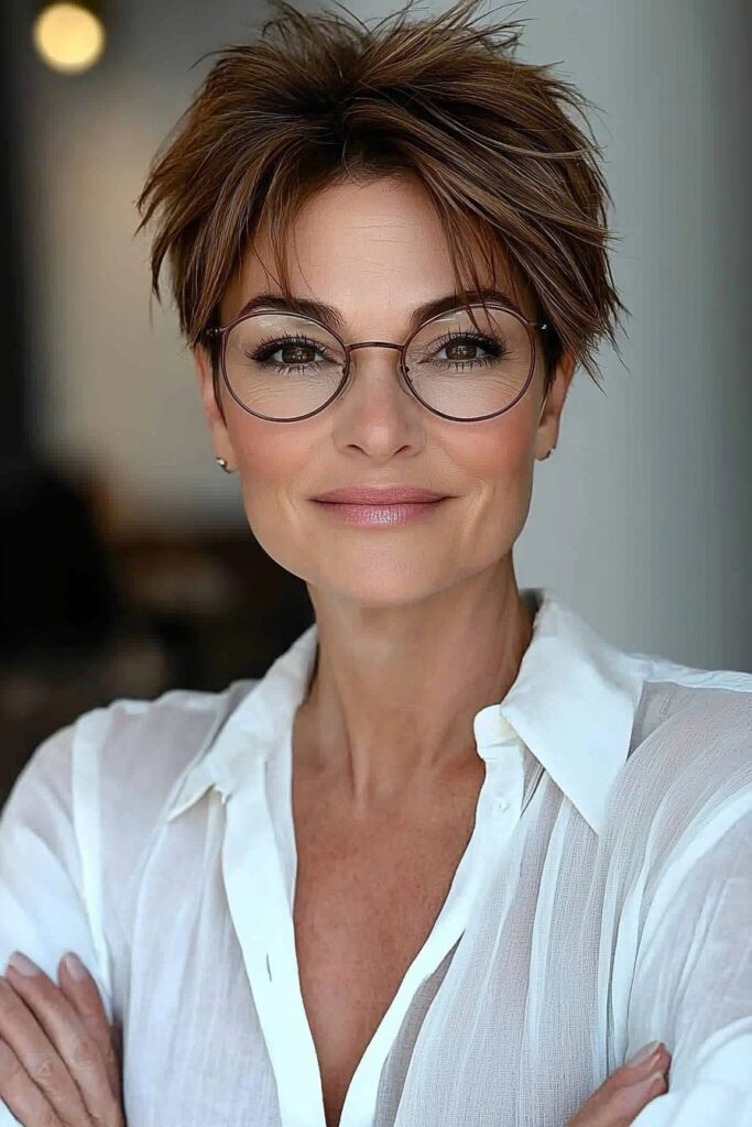 Timeless classic choppy pixie cut over 50 with glasses.