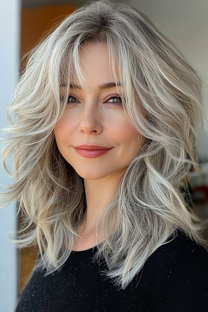 Timeless medium shaggy hairstyle over 60 Feathers cascade with elegant side sweep