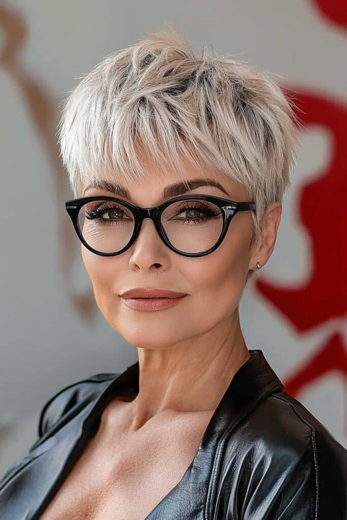 Edgy and bold choppy pixie cut over 50 with glasses.