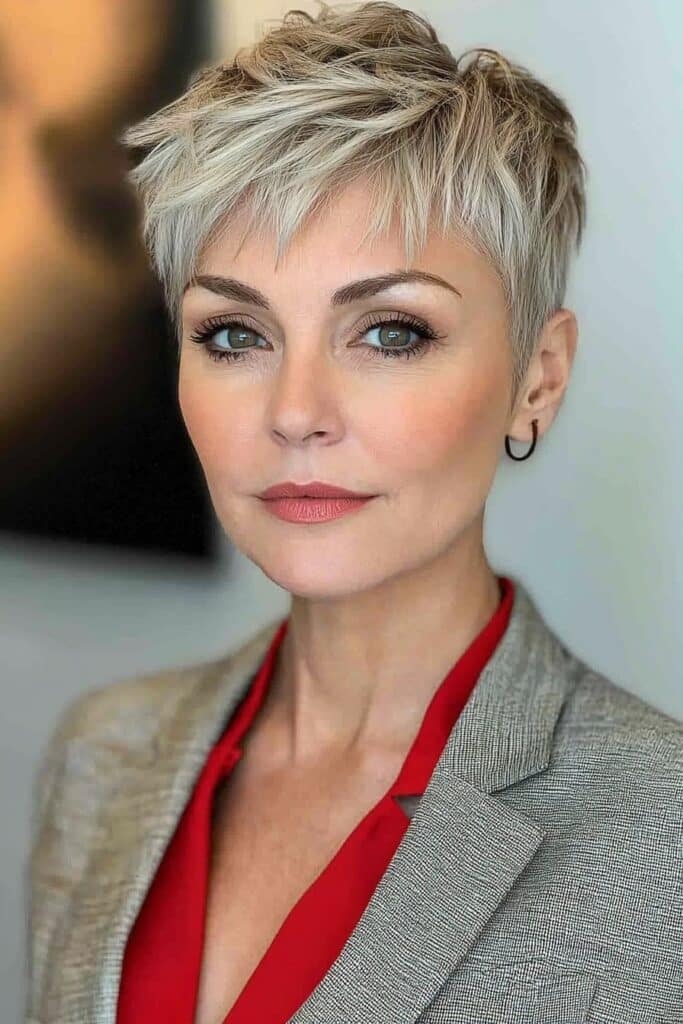 Tapered undercut edgy choppy pixie cut over 50 look.