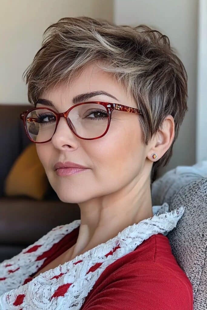 Feathered pixie cut: light and airy short hairstyle for over 50 with glasses