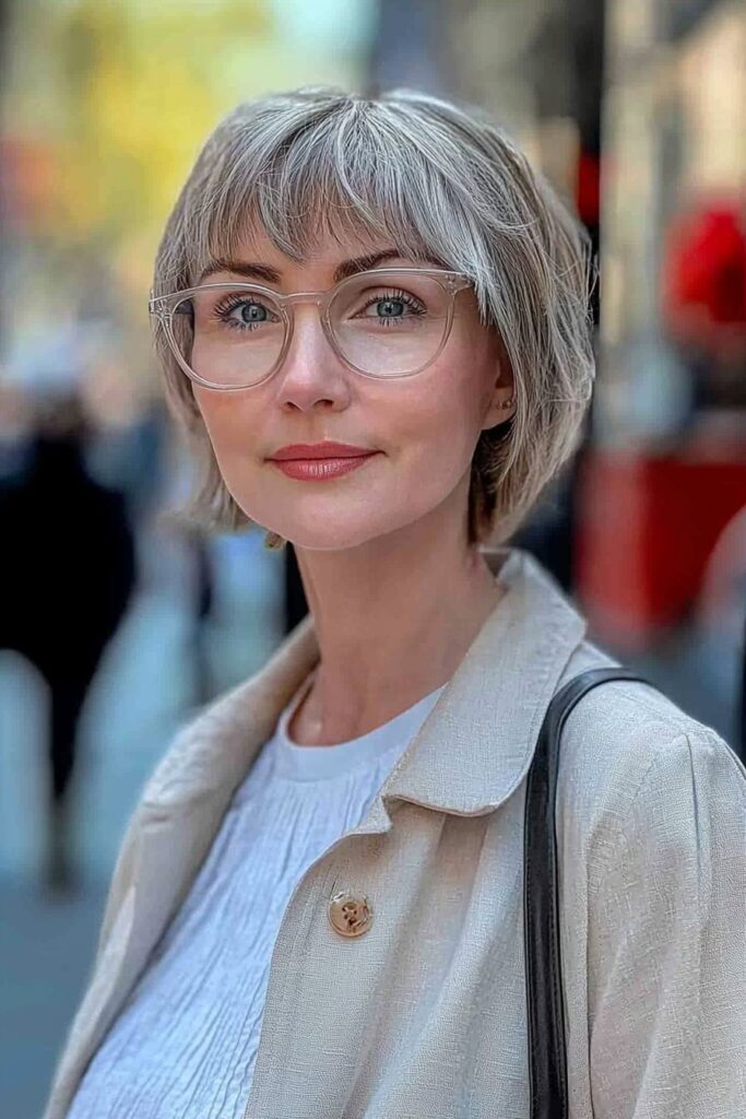 Feathered layers creating a unique choppy pixie cut over 50 with glasses