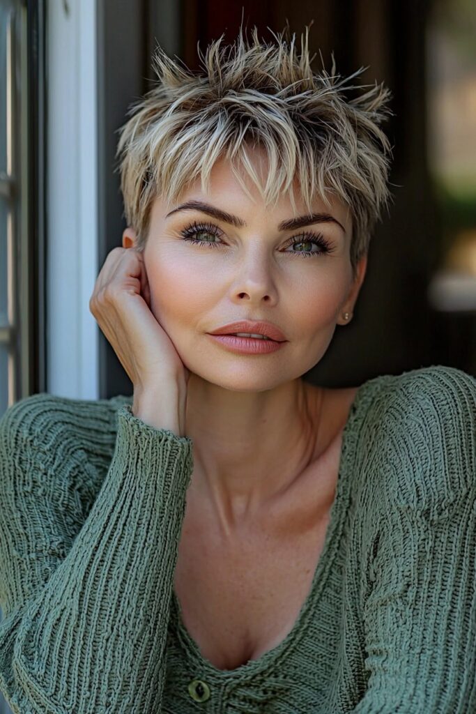 Feathered volume low-maintenance choppy pixie cut over 50