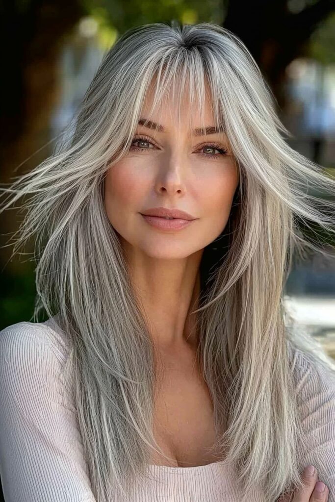 Feathered wolf cut straight hair with a side part.