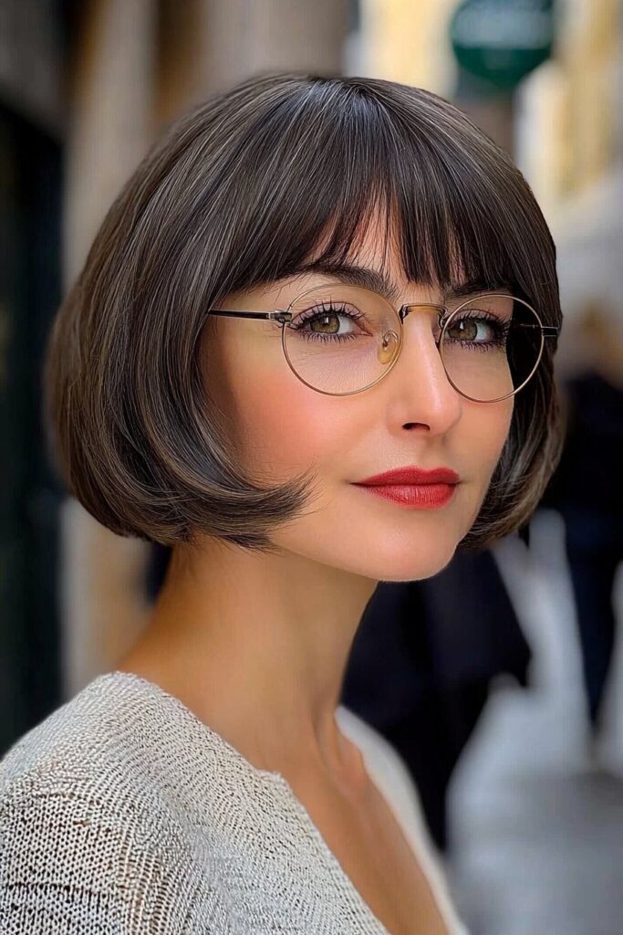 Chic French bob: Parisian-inspired short hairstyle for over 50 with glasses