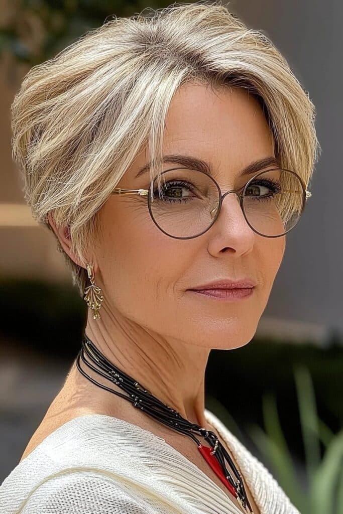 Graduated bob with angles: elegant short hairstyle for over 50 with glasses