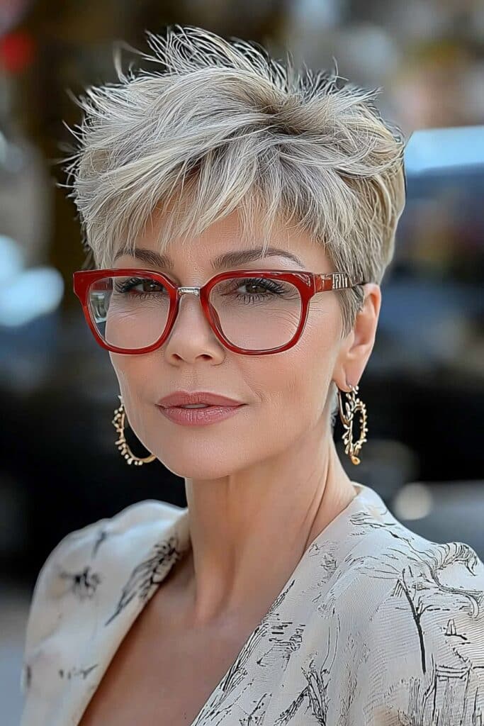 Highlighted strands enhancing choppy pixie cut over 50 with glasses.