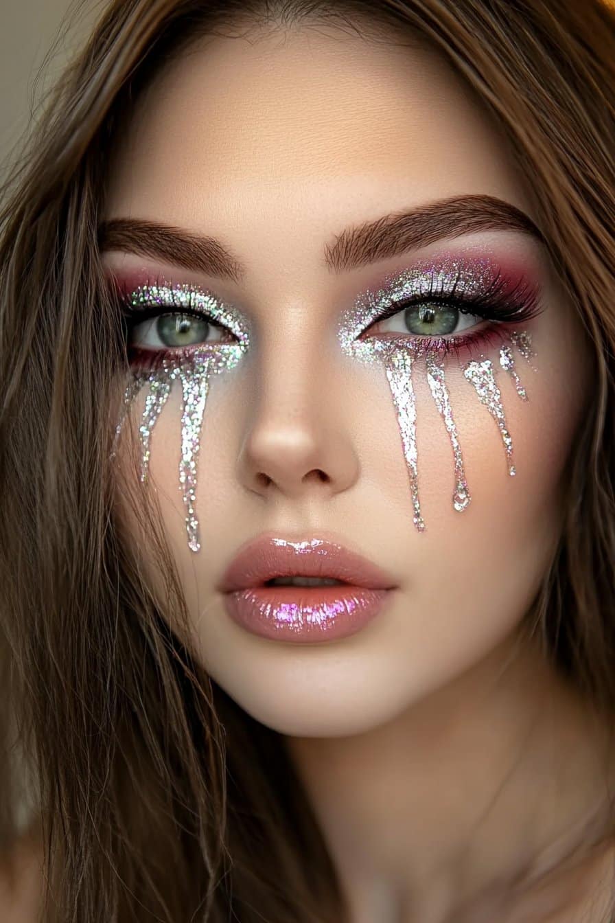 Holographic crystal tears crazy makeup looks.