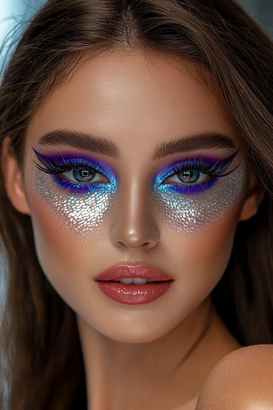 Holographic mermaid crazy makeup looks trend.