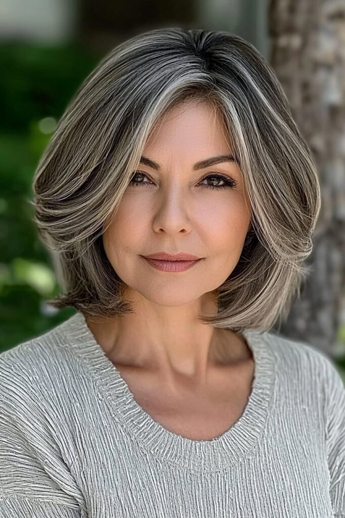 Layered bob hairstyles with curved ends for over 60.