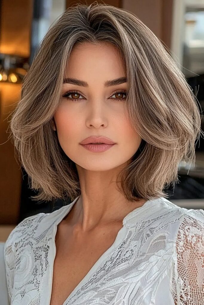 Layered bob hairstyles with deep side part for over 60