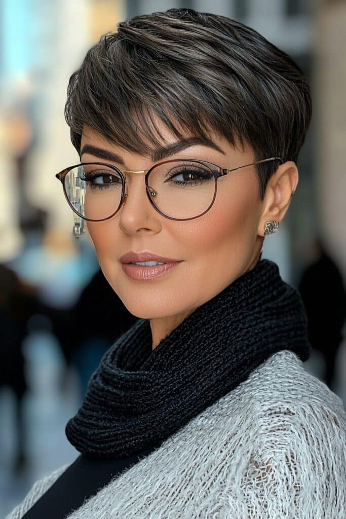 Chic layered pixie cut: stylish short hairstyle for women over 50 with glasses.