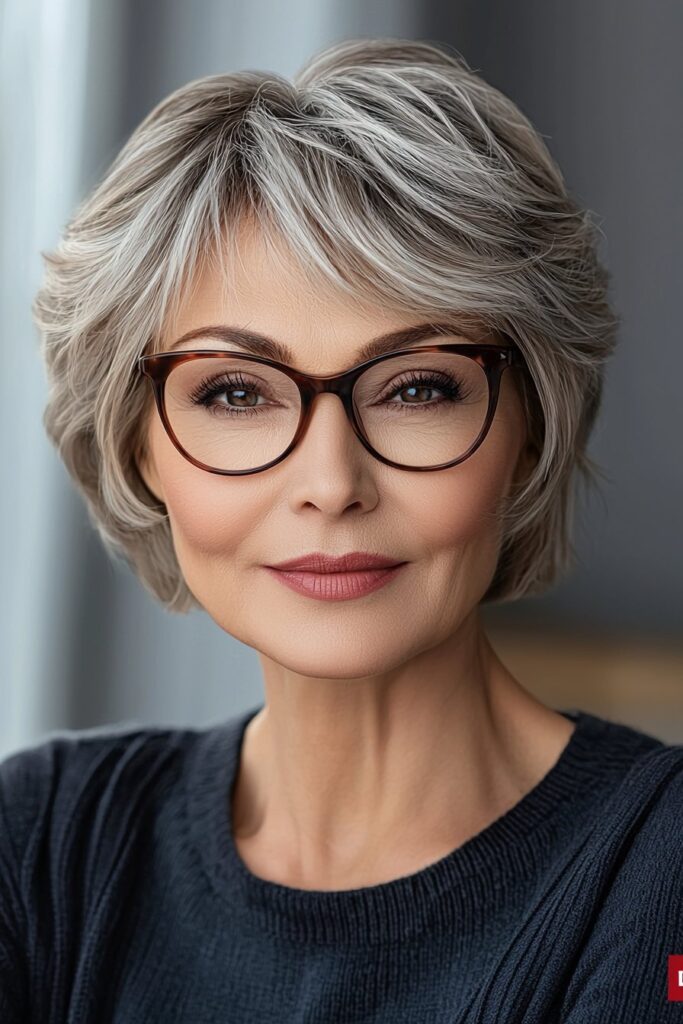 Classic layered look for a choppy pixie cut over 50 with glasses.