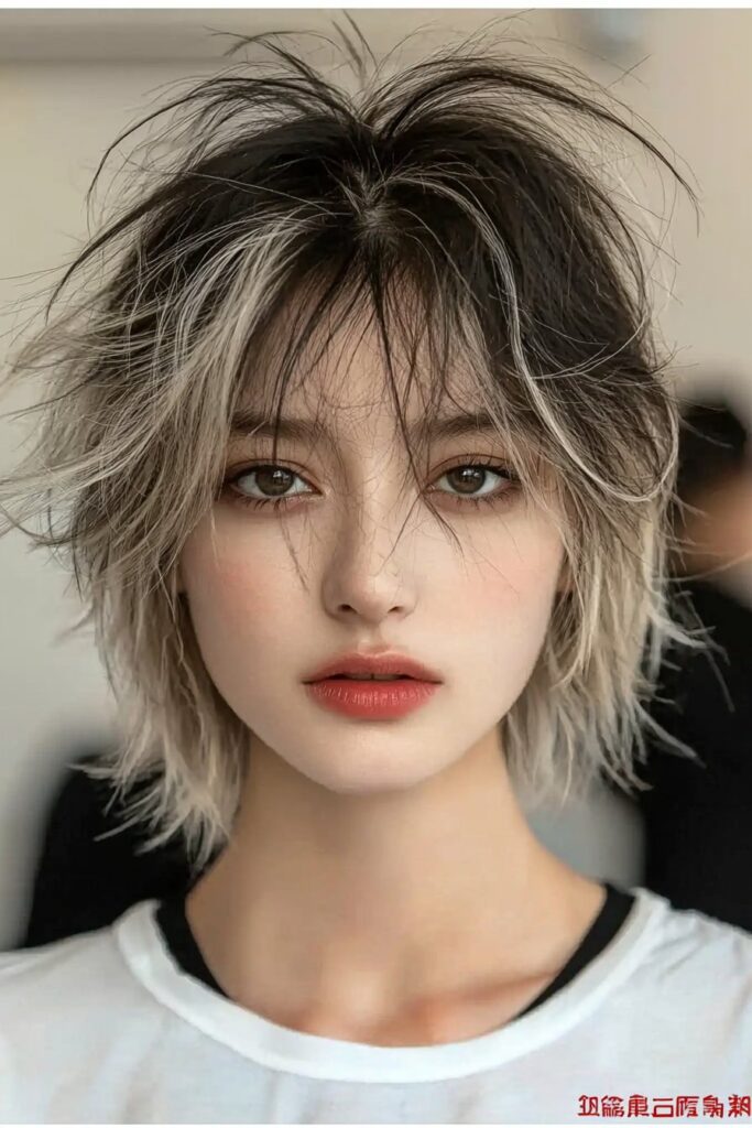 Volume-boosting layered wolf cut for round face shapes