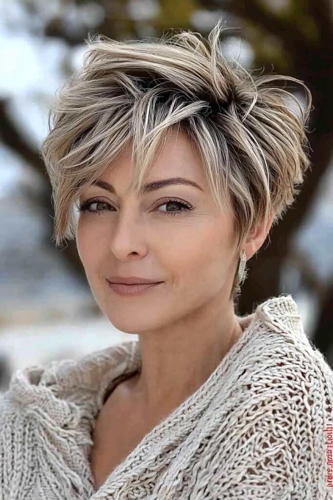 Messy textured undercut edgy choppy pixie cut over 50.