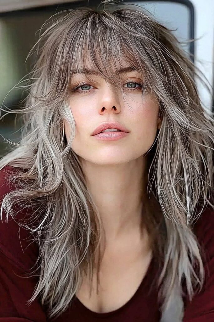 Messy wolf cut with bangs arched for a casual look.