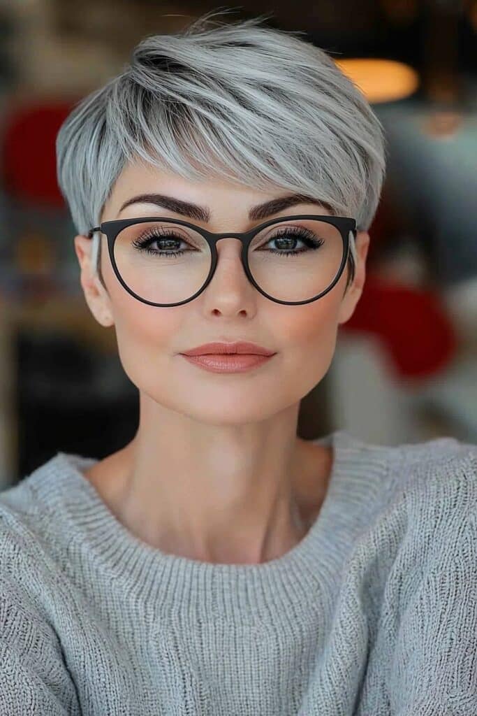 Modern undercut styled choppy pixie cut over 50 with glasses