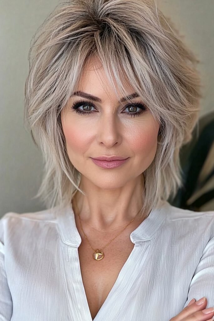 Textured pearl blonde wolf cut for a chic, dimensional style.