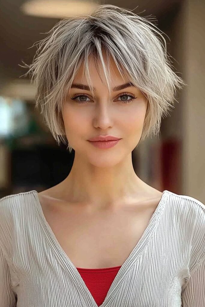 Pixie wolf cut with bangs adding textured layers.