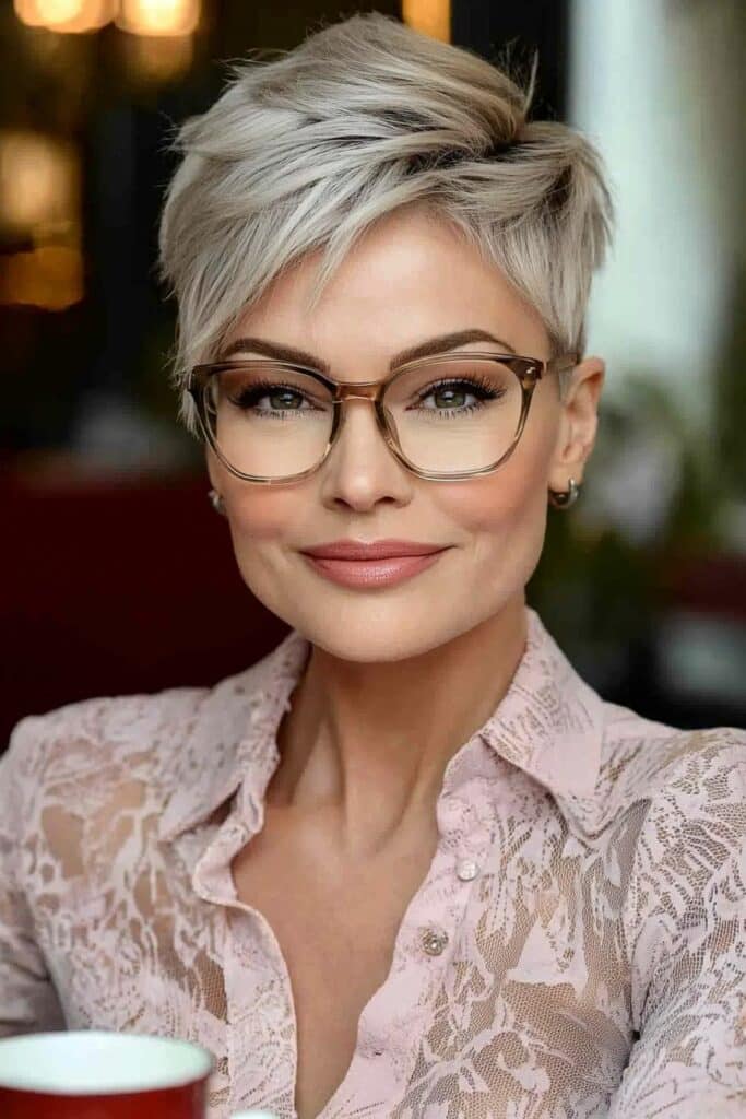 Platinum blonde choppy pixie cut over 50 with glasses for bold looks