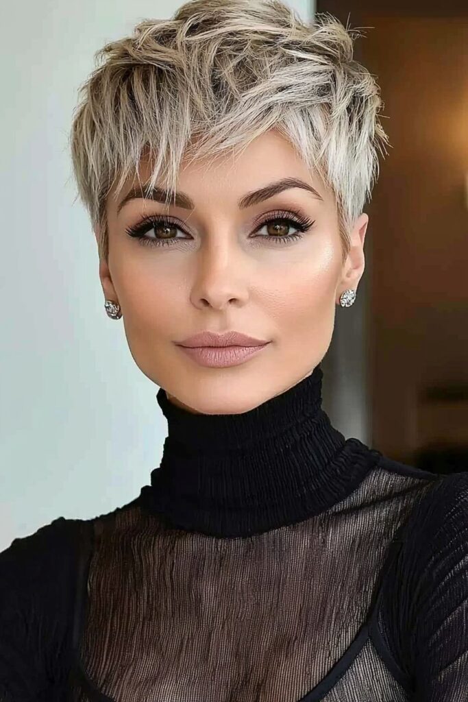 Platinum blonde undercut edgy choppy pixie cut over 50.